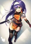  ahoge bare_shoulders belt blue_hair detached_sleeves fingerless_gloves fire_emblem fire_emblem:_souen_no_kiseki fire_emblem_heroes gloves green_eyes hairband headband jam8686 long_hair looking_at_viewer open_mouth purple_hair smile solo sword thighhighs wayu_(fire_emblem) weapon white_hairband zettai_ryouiki 