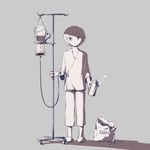  bag black_eyes closed_mouth coffee coffee_beans coffee_pot collarbone commentary english grey_background head_tilt holding hospital_gown intravenous_drip looking_at_viewer messy_hair monochrome original shadow short_hair slippers solo standing steam 