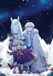  :d animal armor armored_boots artoria_pendragon_(all) artoria_pendragon_(lancer) bangs black_jumpsuit blonde_hair blue_dress blue_eyes blush boots cape cloak dress eyebrows_visible_through_hair fang fate/grand_order fate_(series) fur-trimmed_cape fur-trimmed_cloak fur_trim gauntlets green_eyes hair_between_eyes highres holding horse jacket long_sleeves mordred_(fate) mordred_(fate)_(all) multiple_girls night open_mouth outdoors outstretched_arms parted_lips red_cape red_footwear red_jacket short_jumpsuit sidelocks smile snowing spread_arms standing standing_on_one_leg walking white_cloak white_horse yorukun younger 