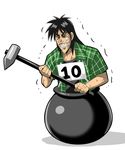  &gt;_&lt; black_hair cauldron closed_eyes commentary_request crying getting_over_it in_pot itou_kaiji kaiji konno_tohiro long_hair male_focus plaid pot sledgehammer solo sweat tears 