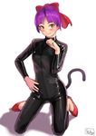  blush bodysuit cat_tail catsuit commentary eyebrows_visible_through_hair fang fang_out full_body gegege_no_kitarou hair_ribbon hand_on_hip highres kilye_4421 kneeling latex looking_at_viewer nekomusume nekomusume_(gegege_no_kitarou_6) paw_pose pun purple_hair red_footwear red_ribbon ribbon shoes simple_background smile solo tail v-shaped_eyebrows white_background yellow_eyes 