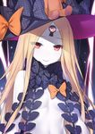  47agdragon abigail_williams_(fate/grand_order) bangs black_bow black_hat blonde_hair bow commentary_request eyebrows_visible_through_hair fate/grand_order fate_(series) hat hat_bow head_tilt highres long_hair looking_at_viewer orange_bow pale_skin parted_bangs parted_lips red_eyes revealing_clothes smile solo stuffed_animal stuffed_toy teddy_bear topless very_long_hair witch_hat 