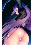  absurdres armor ass back bangs blue_eyes blush crotch_plate dutch_angle eyebrows_visible_through_hair fate/extra fate/extra_ccc fate/grand_order fate_(series) from_behind hair_ribbon highres long_hair long_sleeves looking_at_viewer looking_back meltlilith page_number parted_lips purple_hair revealing_clothes ribbon scan simple_background solo standing very_long_hair yasuyuki 