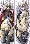  2018 anthro blush breasts butt canine cape clothing clovis_(twokinds) dakimakura_design digital_media_(artwork) female folf fox fur hair hybrid keidran looking_at_viewer lying mammal manpersonguy markings mrease nude on_back pawpads paws red_eyes socks_(marking) twokinds webcomic wolf 