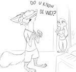  ? anthro black_and_white canine clothed clothing controller dialogue disney door duo female fluffy fluffy_tail fox game_controller gaming headphones headset hindpaw holding_controller holding_object humor inside judy_hopps lagomorph long_ears male mammal meme microphone monochrome nick_wilde open_mouth pants paws playing_videogame rabbit sharp_teeth shirt shorts sketch standing t-shirt teeth text video_games vr_headset w4g4 zootopia 