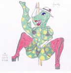  2018 anthro armwear big_breasts bra breasts clothing dinosaur dorothy_the_dinosaur elbow_gloves erect_nipples female flower footwear gloves hat high_heels insanebluryyiff_(artist) lipstick makeup me-che_(artist) nipples plant red_lips rose scalie shoes solo stripper the_wiggles traditional_media_(artwork) underwear 