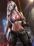  belt bikini_top blue_eyes breasts cleavage closed_mouth dog_tags genderswap genderswap_(mtf) gloves gun holster large_breasts legs_apart liang_xing lips long_hair looking_at_viewer mask mask_removed midriff navel overwatch scar scar_across_eye shoulder_holster silver_hair soldier:_76_(overwatch) solo standing watermark weapon web_address 