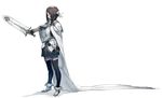  armor blue_legwear brown_hair cape commentary_request full_body gloves grey_cape hair_ornament holding holding_weapon keemu_(occhoko-cho) knight long_hair multicolored multicolored_clothes original pauldrons pointed_boots profile shield solo sword weapon white_background 