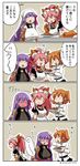  &gt;_&lt; 4koma :3 :d ^_^ animal_ears apron asaya_minoru bangs bell bell_collar black_dress black_shirt black_skirt blush breasts brown_hair chaldea_uniform cleavage closed_eyes closed_mouth collar comic cookie directional_arrow dress eyebrows_visible_through_hair fate/extra fate/extra_ccc fate/grand_order fate_(series) flying_sweatdrops food fox_ears fox_girl fox_tail fujimaru_ritsuka_(female) full-face_blush gloves hair_between_eyes hair_ornament hair_ribbon hair_scrunchie head_scarf high_ponytail holding huge_breasts hungry jacket jingle_bell long_hair long_sleeves maid_headdress multiple_girls o-ring o-ring_top o_o open_mouth orange_scrunchie passion_lip paw_gloves paws petting pink_hair plate ponytail puffy_short_sleeves puffy_sleeves purple_hair purple_ribbon red_collar ribbon scrunchie shirt short_sleeves side_ponytail skirt smile stomach_growling tail tamamo_(fate)_(all) tamamo_cat_(fate) translated twitter_username very_long_hair wavy_mouth white_apron white_jacket 