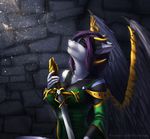  5_fingers anthro clothed clothing detailed_background digital_media_(artwork) elvofirida eyes_closed feathered_wings feathers female hair holding_object holding_weapon horn hybrid melee_weapon purple_hair solo sword weapon wings 