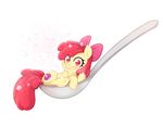  2018 apple_bloom_(mlp) blush cub cute cutie_mark earth_pony equine eyelashes female friendship_is_magic full-length_portrait hair hair_bow hair_ribbon horse jumblehorse looking_at_viewer lying makeup mammal mascara my_little_pony nude on_side orange_eyes pony portrait red_hair ribbons simple_background smile solo spoon sugar white_background young 