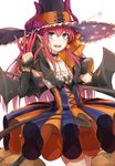  :d bangs bat_wings black_choker black_cola black_hat black_wings blue_eyes choker collarbone commentary curled_horns demon_tail detached_sleeves dress earrings elizabeth_bathory_(fate)_(all) elizabeth_bathory_(halloween)_(fate) eyebrows_visible_through_hair fate/grand_order fate_(series) frilled_hat frills hair_between_eyes hand_up hat highres horns_through_headwear jack-o'-lantern jack-o'-lantern_earrings jewelry long_hair long_sleeves looking_at_viewer open_mouth pink_hair pointy_ears sidelocks smile solo star star_print strapless strapless_dress striped tail vertical-striped_dress vertical_stripes very_long_hair wings witch_hat 