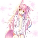  :o animal_ears bell commentary_request covering covering_crotch fox_ears fox_girl fox_tail highres hood hoodie long_hair naked_hoodie navel open_clothes original pink_hair ryusei simple_background solo tail white_hoodie yellow_eyes 