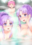  :d aunt_and_niece blush breasts caster caster_lily circe_(fate/grand_order) cleavage closed_eyes collarbone dual_persona fate/grand_order fate_(series) hair_over_breasts hair_up highres hiyoko_biimu lipstick makeup medium_breasts multiple_girls nose_blush nude onsen open_mouth pointy_ears ponytail purple_eyes purple_hair purple_lipstick reflection sidelocks signature small_breasts smile steam time_paradox towel towel_on_head water wet white_towel 