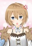  anger_vein bare_shoulders blanc blanka_(45789056) blue_eyes brown_hair fur_trim highres looking_at_viewer neptune_(series) open_mouth short_hair solo 