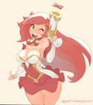  1girl alternate_costume alternate_hairstyle bare_shoulders breasts cleavage detached_sleeves dress green_eyes gun hair_ornament handgun jaguare19 large_breasts league_of_legends long_hair magical_girl orange_hair pistol sarah_fortune short_dress solo star star_guardian_miss_fortune wink 