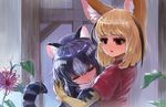  animal_ears black_hair blonde_hair blue_hair brown_eyes closed_eyes closed_mouth common_raccoon_(kemono_friends) dokomon eyebrows_visible_through_hair fennec_(kemono_friends) fox_ears gloves hair_between_eyes kemono_friends multicolored_hair multiple_girls parted_lips pink_sweater raccoon_ears raccoon_tail rain smile striped_tail sweater tail wet wet_hair white_hair yellow_gloves 