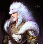  alternate_costume beard dated facial_hair facial_mark fur_trim hanzo_(overwatch) looking_at_viewer male_focus okami_hanzo overwatch simple_background solo upper_body white_hair wolf_hood yang_hm 