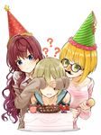  :3 ? bare_shoulders bespectacled blonde_hair blue_eyes cake chocolate choker collared_shirt commentary covering_another's_eyes earrings fake_facial_hair fake_mustache fake_nose food fruit glasses green_eyes green_hair hat highres holding ichinose_shiki idolmaster idolmaster_cinderella_girls jewelry long_hair long_sleeves max_melon miyamoto_frederica multiple_girls off_shoulder parted_lips party_hat party_popper pink_sweater red_hair shiomi_shuuko shirt simple_background strawberry strawberry_shortcake sweatdrop sweater translated white_background white_shirt wing_collar 