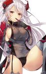  azur_lane bangs black_leotard blush breasts closed_mouth double-breasted dress eyebrows_visible_through_hair finger_to_mouth garter_straps gloves grey_gloves hair_between_eyes headgear highres iron_cross leg_up leotard long_hair long_sleeves looking_at_viewer medium_breasts mole mole_on_breast motokonut prinz_eugen_(azur_lane) short_dress sideboob silver_hair solo swept_bangs thighhighs underwear very_long_hair white_background yellow_eyes 