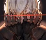  alternate_eye_color bangs black_gloves gloves hands_on_own_face looking_at_viewer male_focus nier_(series) nier_automata portrait red_eyes solo staring stellarien white_hair yorha_no._9_type_s 