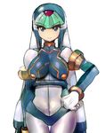  1girl android blue_eyes bodysuit breasts byte_(grunty-hag1) capcom gloves hand_on_hips helmet large_breasts leviathan_(rockman) looking_at_viewer rockman rockman_zero simple_background smile solo standing white_background white_gloves wide_hips 