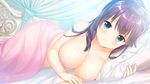  1girl afterglow bed bed_sheet blanket blue_eyes blush breasts collarbone game_cg hetero katagiri_tsubame kurasawa_moko large_breasts long_hair looking_at_viewer lying nipples on_bed on_side pillow purple_hair soi_kano_~gyutto_dakishimete~ solo_focus topless 