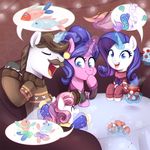  2018 blue_eyes brown_hair clothing cookie_crumbles_(mlp) cub cup cute daughter dialogue ear_piercing equine eyelashes eyes_closed eyeshadow facial_hair family father father_and_daughter female fish friendship_is_magic group hair happy hondo_flanks_(mlp) hooves horn inside jumblehorse laugh levitation light magic makeup male mammal marine mascara merfolk mother mother_and_daughter multicolored_hair mustache my_little_pony open_mouth open_smile parent pepper_shaker piercing purple_hair rarity_(mlp) salt_shaker sibling sisters sitting smile sparkles speech_bubble steam sweater sweetie_belle_(mlp) table teal_eyes teeth tongue two_tone_hair unicorn young 
