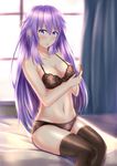  alternate_hairstyle bed bed_sheet blue_eyes blush bra breasts choujigen_game_neptune cleavage collarbone comb combing commentary_request curtains highres indoors large_breasts long_hair looking_at_viewer muwa12 neptune_(series) on_bed open_mouth panties power_symbol purple_hair purple_heart sitting solo symbol-shaped_pupils tied_hair towel underwear underwear_only very_long_hair window 