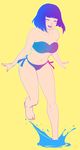  ^_^ bandeau bangs bare_shoulders barefoot bikini bob_cut breasts cleavage closed_eyes collarbone flat_color freckles full_body medium_breasts mole mole_under_mouth navel open_mouth original razalor running short_hair side-tie_bikini smile solo splashing swimsuit toes toned water yellow_background 