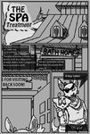  2018 anthro bath bathhouse blush capt(character) clothed clothing coat comic cute dialogue digital_drawing_(artwork) digital_media_(artwork) door drearnydust drearnydust(artist) duo endery(character) english_text eye_patch eyewear fur glasses horn lonelycharart male male/male noom_(species) open_mouth pirate sign simple_background smile standing sweater text 