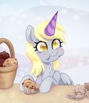  2018 basket blonde_hair blush bust_portrait cute derp_eyes derpy_hooves_(mlp) eating equine eyelashes feathered_wings feathers female food friendship_is_magic grey_background hair happy hat jumblehorse looking_at_viewer makeup mammal mascara muffin my_little_pony nude party_hat pegasus portrait puffed_cheeks shadow simple_background sitting solo star string stripes table wings wrapper yellow_eyes 