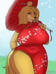  2018 anthro big_breasts breasts canine chinese_clothing chinese_dress clothed clothing digital_media_(artwork) dog dogmom dress female hair huge_breasts juicydemon looking_at_viewer mammal mature_female mother parent saluki solo thick_thighs umbrella voluptuous wide_hips 