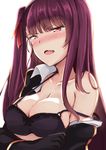  bare_shoulders black_bra black_gloves blush bra breasts collarbone eyebrows_visible_through_hair girls_frontline gloves hair_ribbon hakuya_(white_night) large_breasts long_hair nose_blush off_shoulder one_side_up open_mouth purple_hair red_eyes red_ribbon ribbon solo strap_gap strap_slip sweatdrop tears underwear undressing upper_body wa2000_(girls_frontline) wavy_mouth 