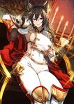  akai_kagerou animal_ears armpits black_hair breasts cape closed_mouth cup drinking_glass ear_ornament erune gloves granblue_fantasy highres ilsa_(granblue_fantasy) long_hair medium_breasts pants red_eyes sideboob sitting white_pants wine_glass 