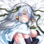  back black_gloves blush breasts capelet clenched_teeth cosplay covering covering_breasts elbow_gloves fate/grand_order fate_(series) gloves helmet jeanne_d'arc_(alter)_(fate) jeanne_d'arc_(fate)_(all) jeanne_d'arc_alter_santa_lily jeanne_d'arc_alter_santa_lily_(cosplay) large_breasts long_hair looking_at_viewer lying okitakung on_side sideboob silver_hair solo teeth white_capelet yellow_eyes 