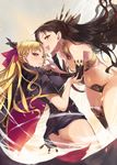  ass asymmetrical_legwear asymmetrical_sleeves bangs bikini black_bikini black_cape black_dress black_hair black_legwear black_panties black_ribbon blonde_hair breasts cape commentary_request dress earrings ereshkigal_(fate/grand_order) eyebrows_visible_through_hair fate/grand_order fate_(series) from_side fur-trimmed_cape fur_trim gold_trim hair_ribbon highres hoop_earrings ishtar_(fate/grand_order) jewelry long_hair looking_at_viewer medium_breasts multiple_girls ohland open_mouth panties parted_bangs parted_lips purple_ribbon red_eyes ribbon short_dress single_thighhigh swimsuit teeth thighhighs tiara two_side_up underwear wind 