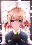  bangs blonde_hair blue_eyes blue_jacket blurry blurry_background blush brooch brown_gloves chahei commentary depth_of_field envelope eyebrows_visible_through_hair gloves hair_between_eyes hair_ribbon highres jacket jewelry juliet_sleeves long_sleeves looking_at_viewer parted_lips petals puffy_sleeves red_ribbon ribbon short_hair smile solo violet_evergarden violet_evergarden_(character) window 