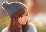  bangs beanie blurry blurry_background brown_eyes brown_hair closed_mouth depth_of_field hat highres jungon_kim lens_flare lips md5_mismatch medium_hair original pink_lips realistic smile solo swept_bangs upper_body 