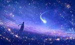  ahoge braid cloud commentary_request facing_away fantasy field flower from_behind grass long_hair night night_sky original outdoors sakimori_(hououbds) scenery single_braid sky solo standing star_(sky) starry_sky 