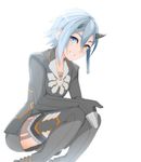  :d bangs black_legwear black_shorts blue_eyes commentary_request heterochromia highres horns io_(pso2) light_blue_hair long_sleeves looking_at_viewer open_mouth orange_eyes phantasy_star phantasy_star_online phantasy_star_online_2 shiver_(siva-hl) short_hair shorts smile solo 