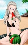 alina_pegova alternate_hairstyle beach bikini danganronpa day eating food fruit glasses grey_hair long_hair pekoyama_peko red_eyes sitting solo super_danganronpa_2 swimsuit watermelon 