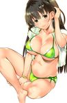  absurdres adjusting_hair bangs barefoot bikini black_hair blush bracelet breasts brown_eyes cleavage closed_mouth collarbone commentary_request crossed_legs eyebrows_visible_through_hair green_bikini hand_on_own_leg head_tilt highres jewelry large_breasts long_hair looking_at_viewer navel original shigaoka shiny shiny_skin side-tie_bikini simple_background smile solo swimsuit white_background 