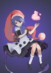  absurdres blob blue_eyes blue_hair book commentary_request doremy_sweet dress full_body hat heoningu highres looking_at_viewer multicolored multicolored_clothes multicolored_dress nightcap nightgown pom_pom_(clothes) red_hat short_hair sitting solo tail touhou 