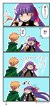  &gt;_&lt; ... /\/\/\ 1boy 1girl 4koma :t asaya_minoru bangs black_shirt blush breasts cape cleavage closed_eyes closed_mouth comic crying elbow_gloves eyebrows_visible_through_hair fate/extra fate/extra_ccc fate/grand_order fate_(series) feeding fingerless_gloves flying_sweatdrops fork gloves green_cape green_shirt hair_ribbon holding holding_fork large_breasts light_brown_hair long_hair o-ring o-ring_top open_mouth parted_lips passion_lip purple_hair purple_ribbon ribbon robin_hood_(fate) shirt spoken_ellipsis spoken_interrobang sweat tears translated trembling twitter_username v-shaped_eyebrows very_long_hair 