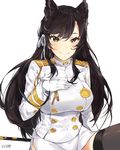  animal_ears atago_(azur_lane) azur_lane bangs black_legwear blush breasts brown_hair closed_mouth commentary_request double-breasted gloves hair_between_eyes hair_ribbon highres jacket katana large_breasts long_hair long_sleeves looking_at_viewer military military_uniform mole mole_under_eye ribbon signature simple_background sitting smile solo sword thighhighs tuxedo_de_cat uniform very_long_hair weapon white_background white_gloves white_jacket white_ribbon yellow_eyes 
