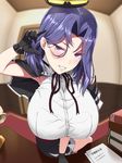 bad_proportions breasts desk fisheye grin hair_tucking highres huge_breasts kantai_collection kloah long_hair looking_at_viewer mature mechanical_halo mole mole_under_eye naughty_face on_desk purple_eyes purple_hair remodel_(kantai_collection) sitting sitting_on_desk smile solo tatsuta_(kantai_collection) thighs 