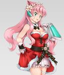  bare_shoulders blue_eyes bow elbow_gloves eyebrows_visible_through_hair flower gloves hair_flower hair_ornament long_hair looking_at_viewer maria_cadenzavna_eve mismatched_gloves open_mouth pink_hair santa_costume sash senki_zesshou_symphogear senki_zesshou_symphogear_xd_unlimited simple_background single_elbow_glove skirt solo strapless thigh_strap zstrikers 