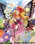  blonde_hair blue_eyes breasts butterfly_wings cardfight!!_vanguard cleavage cloud company_name copyright_name curly_hair flower hair_flower hair_ornament hair_over_one_eye large_breasts leaf long_hair moreshan official_art open_mouth side_ponytail sky solo sparkle teeth thighhighs wand weather_girl_shake wings 