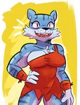  2017 4_fingers abstract_background anthro big_breasts blue_fur breasts cheek_tuft chest_tuft cleavage clothed clothing digital_media_(artwork) dress feline female fur gabbah hand_on_hip hand_on_thigh hi_res looking_at_viewer maltese_tiger mammal mature_female muscular open_mouth open_smile pose simple_background smile solo standing ti tiger tuft yin_yang_yo 
